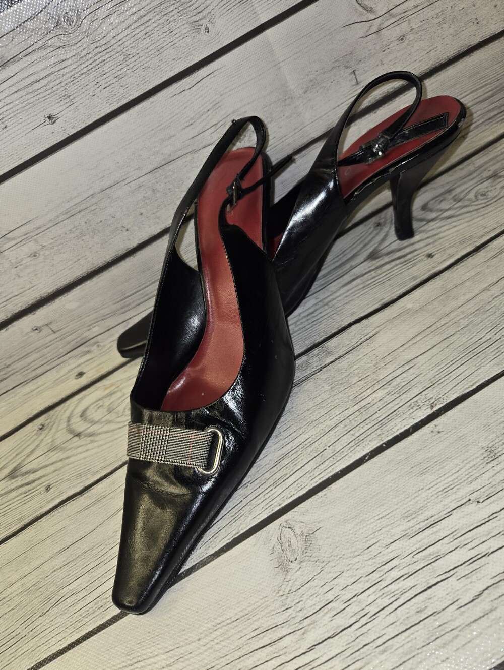 Parade Black Leather Plaid Buckle Slingback Heels Size 9.5 AS IS